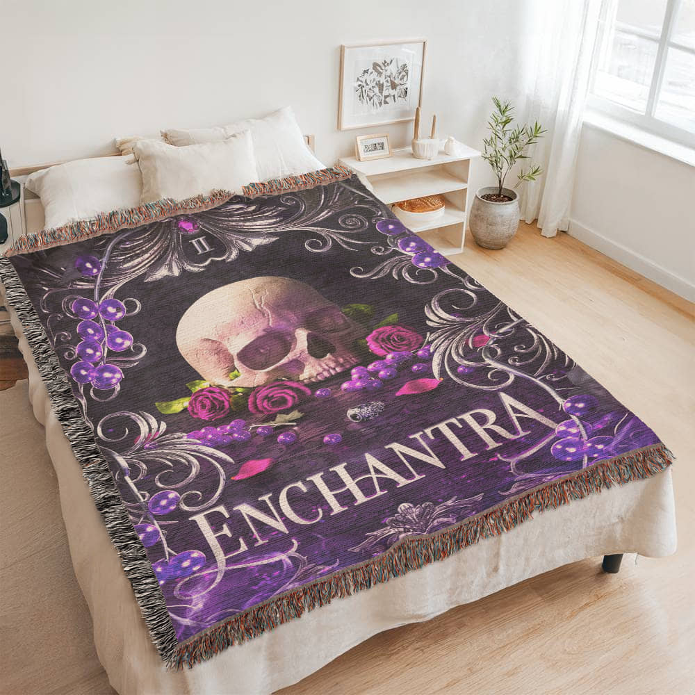 Enchantra Woven Blanket – Official Kaylie Smith Wicked Games Merch queen sized bed