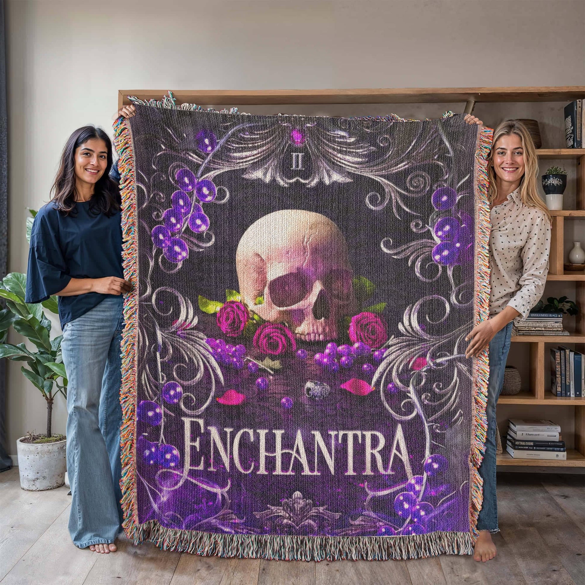 Enchantra Woven Blanket – Official Kaylie Smith Wicked Games Merch held up indoors