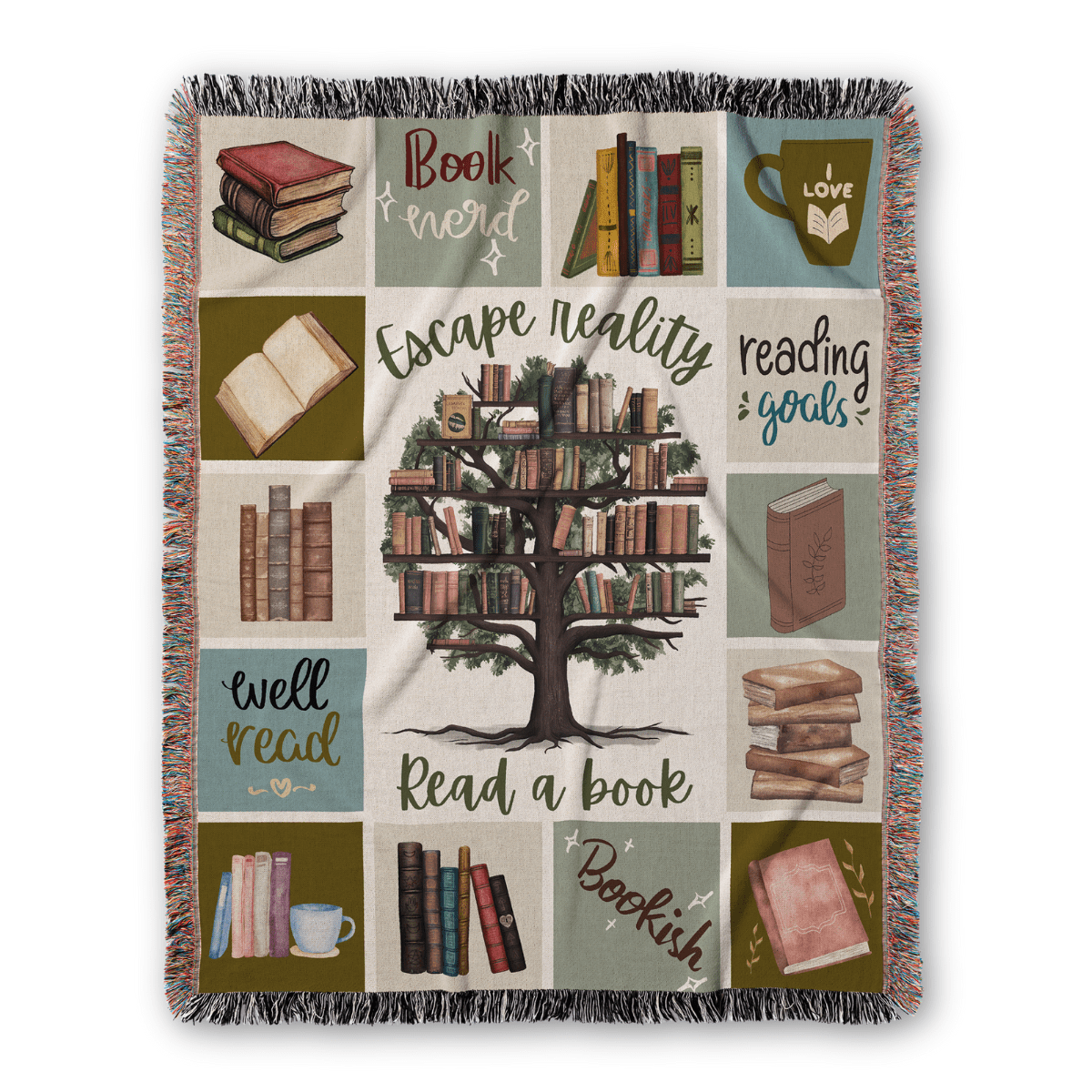 Escape Reality – Book Tree Woven Blanket - Offbeat Opulence