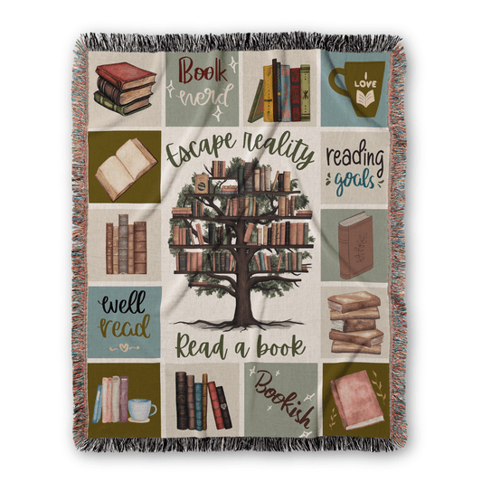 Escape Reality – Book Tree Woven Blanket - Offbeat Opulence