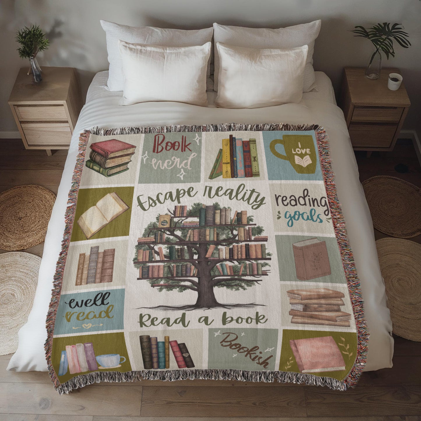 Escape Reality – Book Tree Woven Blanket - Offbeat Opulence