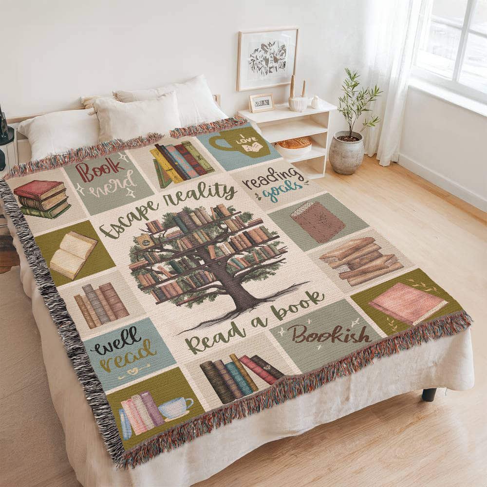 Escape Reality – Book Tree Woven Blanket - Offbeat Opulence