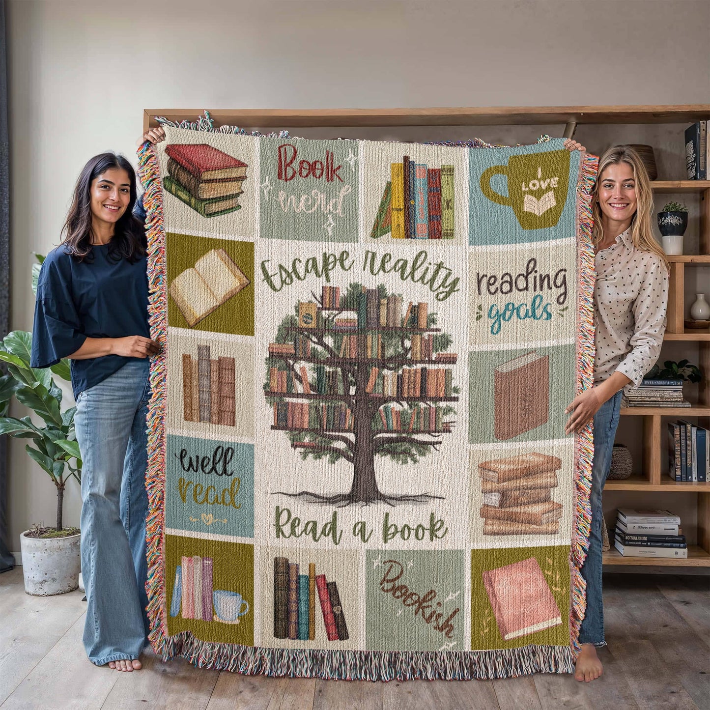 Escape Reality – Book Tree Woven Blanket - Offbeat Opulence