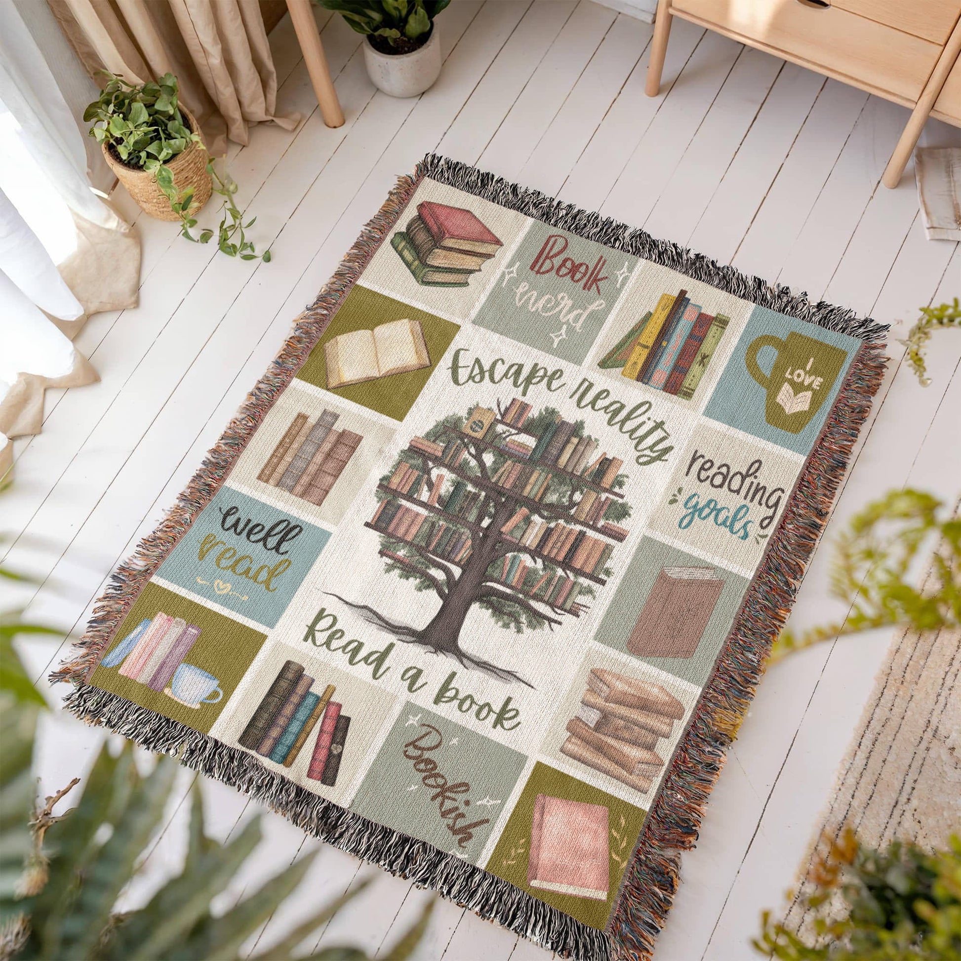 Escape Reality – Book Tree Woven Blanket - Offbeat Opulence