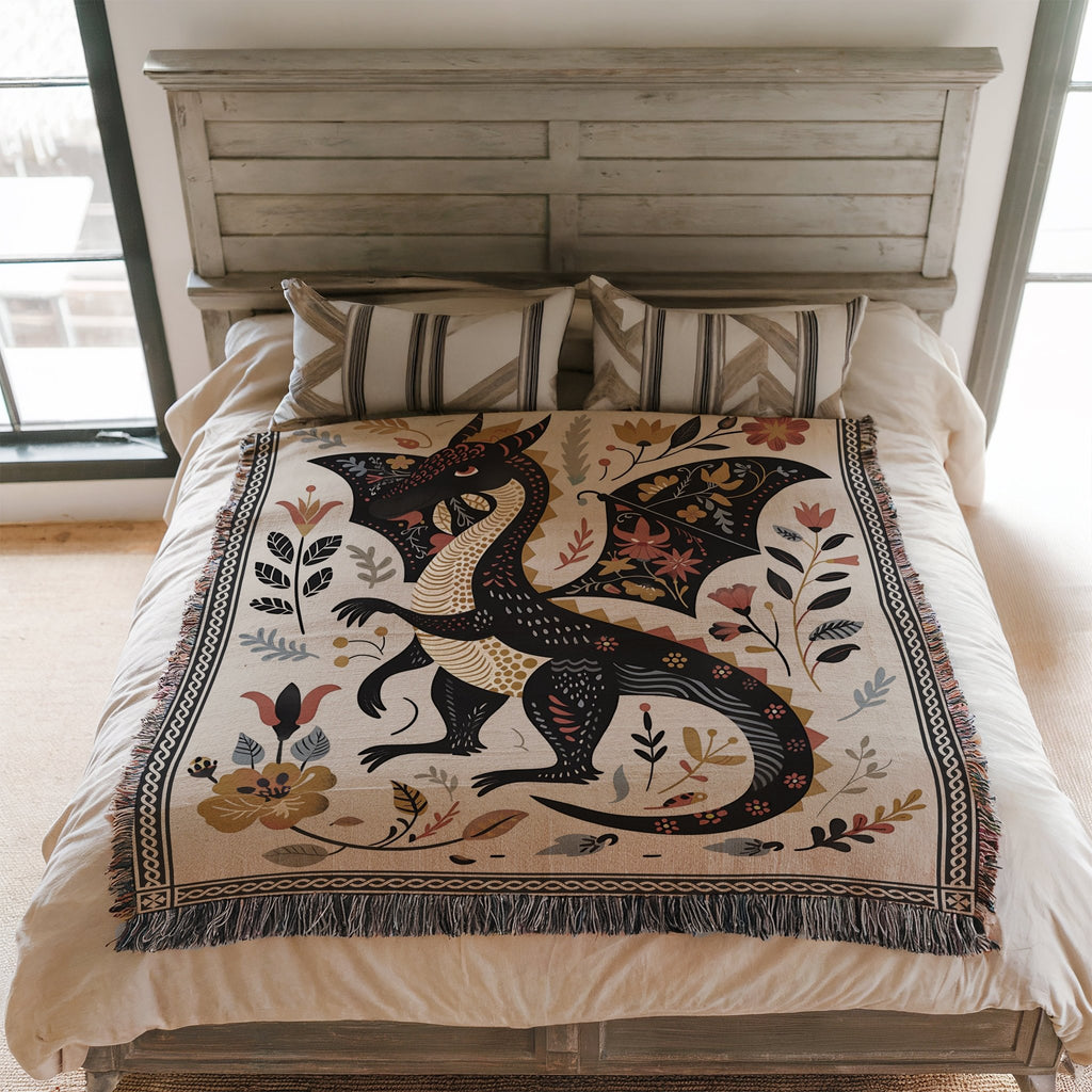 Folk Art Dragon Woven Blanket - Offbeat Opulence