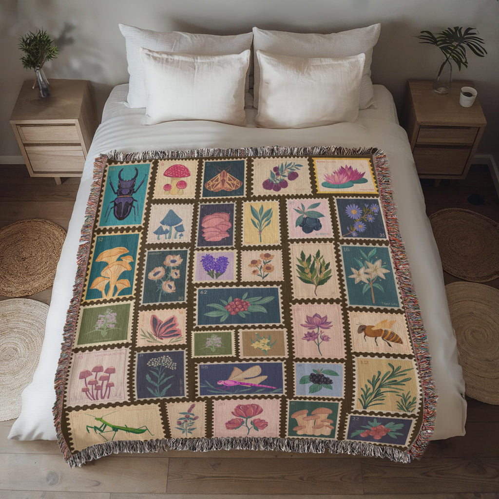 Garden Stamps Woven Blanket – A Botanical Tapestry of Nature's Wonders-Offbeat Opulence