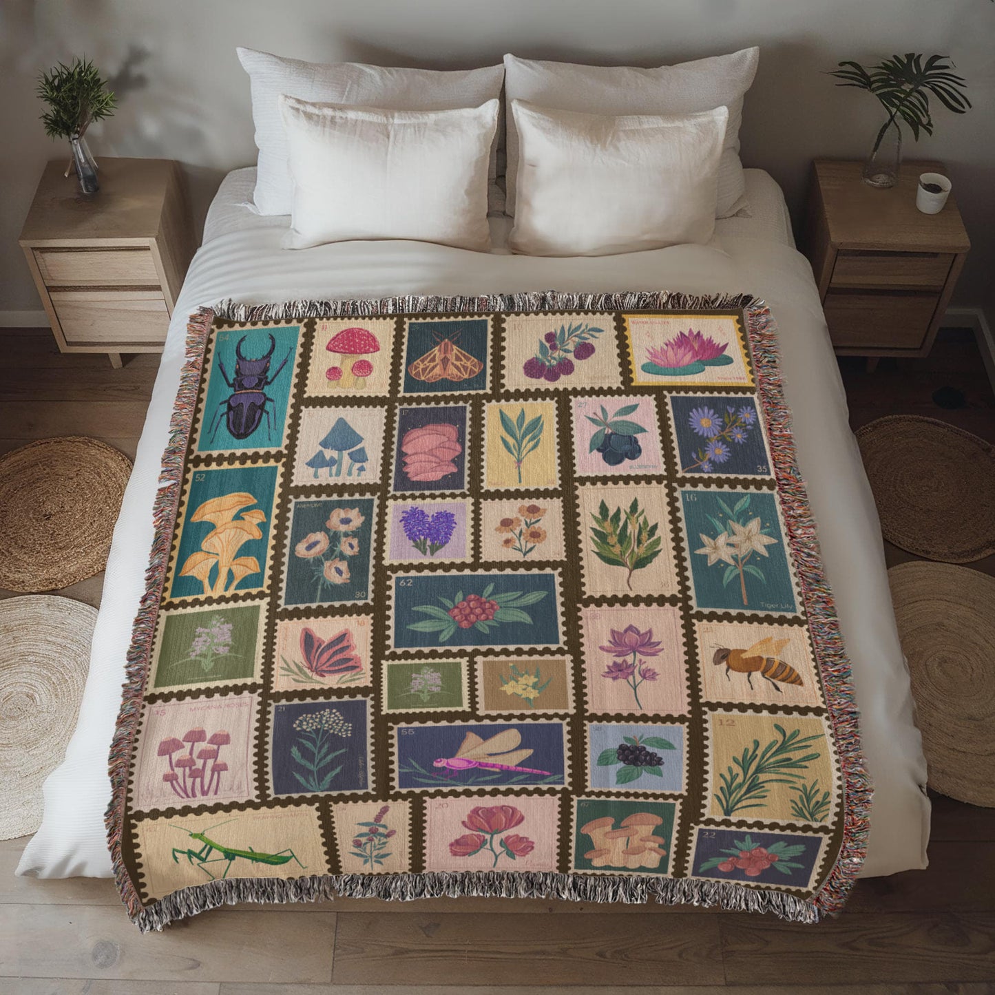 Garden Stamps Woven Blanket – A Botanical Tapestry of Nature's Wonders - Offbeat Opulence