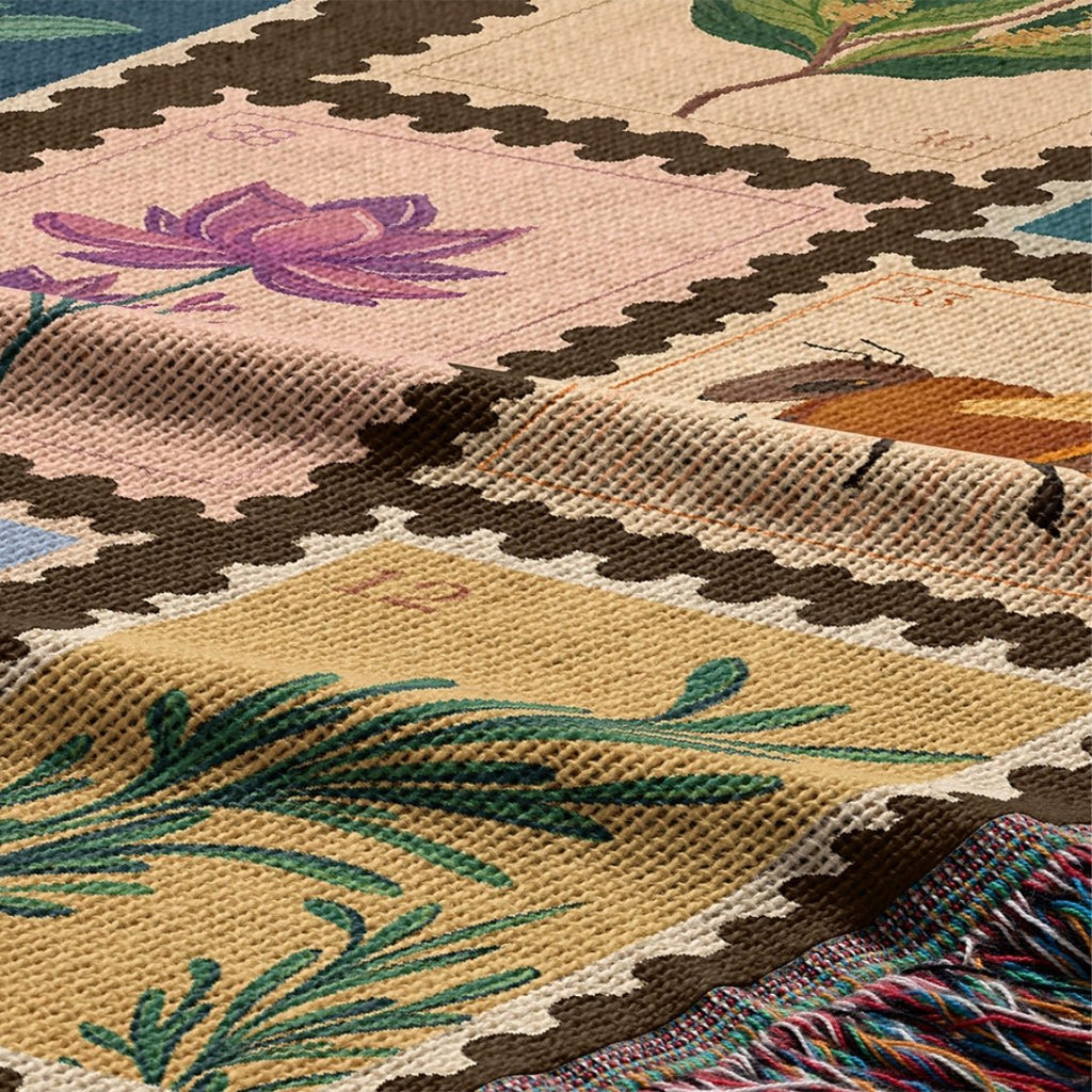 Garden Stamps Woven Blanket – A Botanical Tapestry of Nature's Wonders-Offbeat Opulence