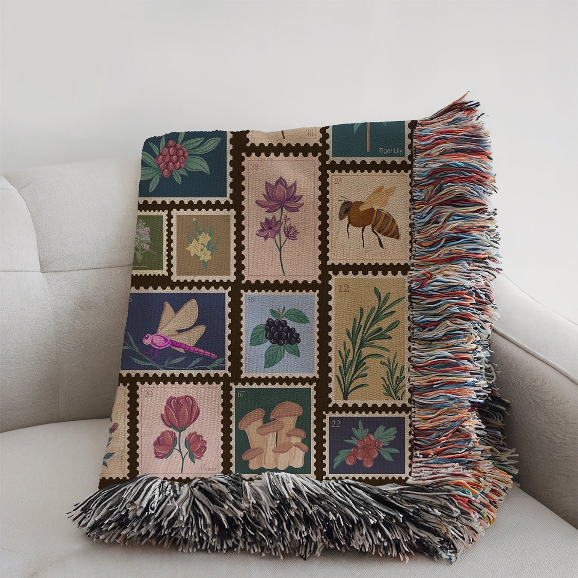 Garden Stamps Woven Blanket – A Botanical Tapestry of Nature's Wonders - Offbeat Opulence