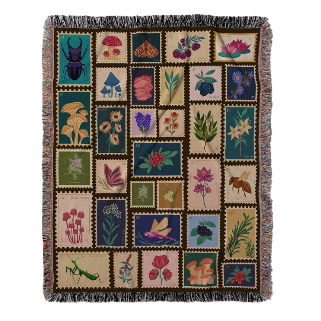 Garden Stamps Woven Blanket – A Botanical Tapestry of Nature's Wonders-Offbeat Opulence