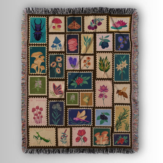 Garden Stamps Woven Blanket – A Botanical Tapestry of Nature's Wonders - Offbeat Opulence