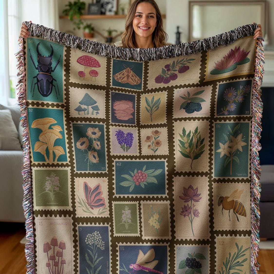 Garden Stamps Woven Blanket – A Botanical Tapestry of Nature's Wonders - Offbeat Opulence