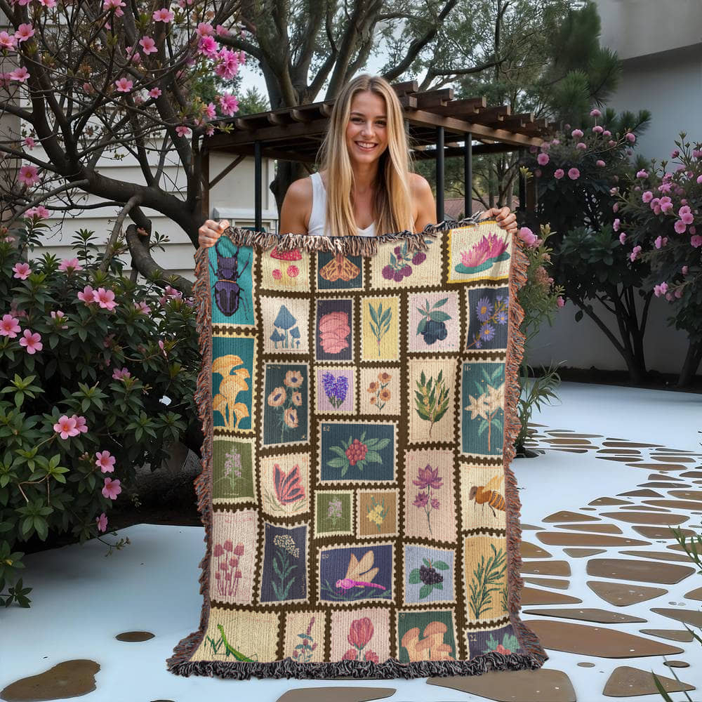 Garden Stamps Woven Blanket – A Botanical Tapestry of Nature's Wonders - Offbeat Opulence