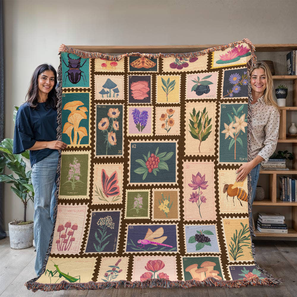 Garden Stamps Woven Blanket – A Botanical Tapestry of Nature's Wonders - Offbeat Opulence