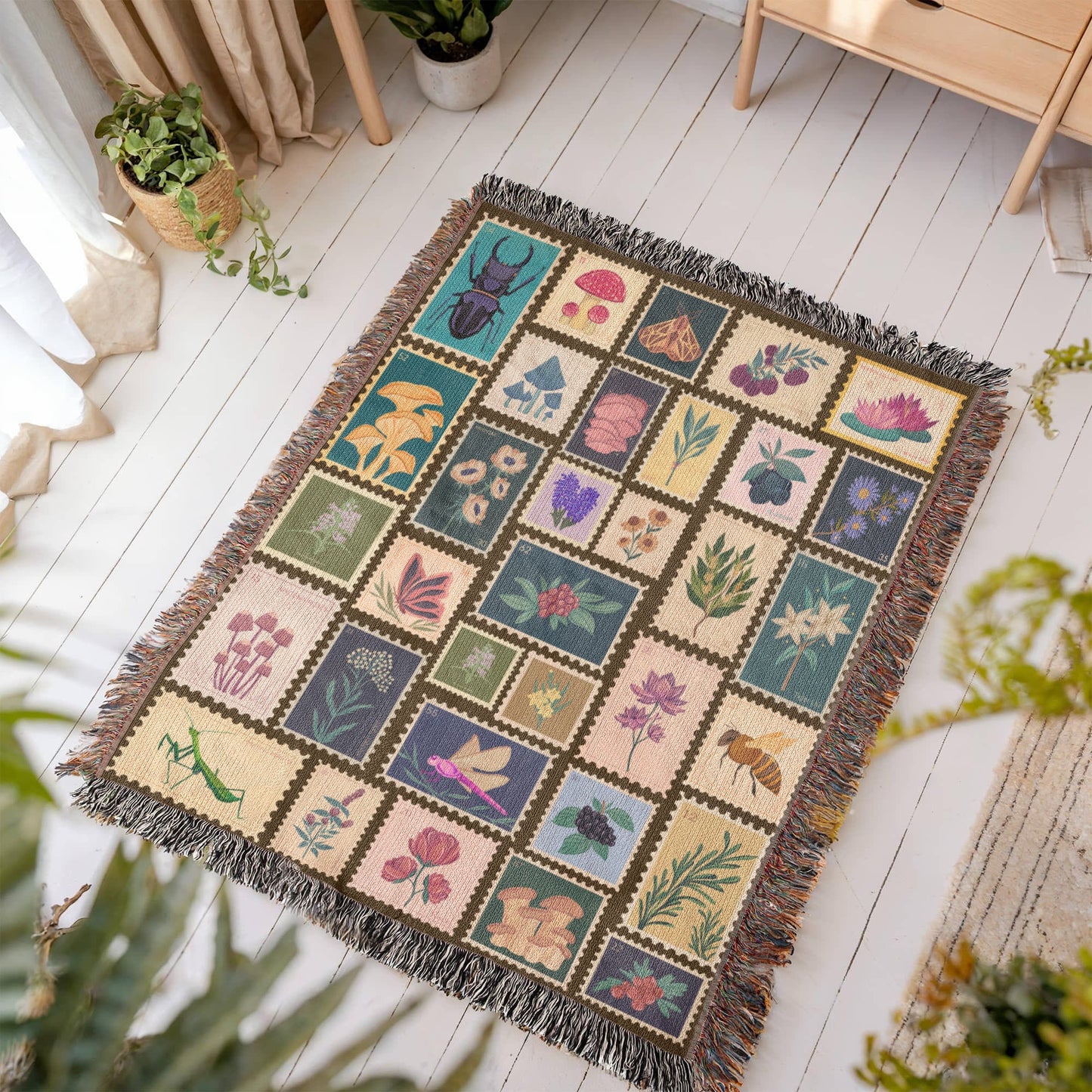 Garden Stamps Woven Blanket – A Botanical Tapestry of Nature's Wonders - Offbeat Opulence