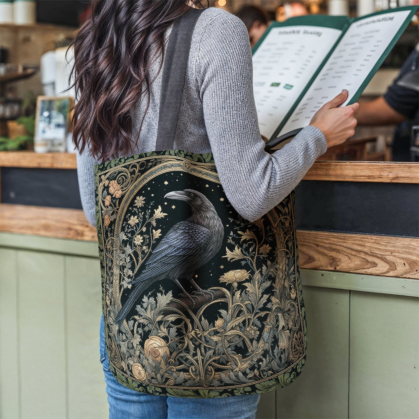 Gothic Raven & Ivy Woven Tapestry Tote – Timeless Elegance Meets Durability - Offbeat Opulence