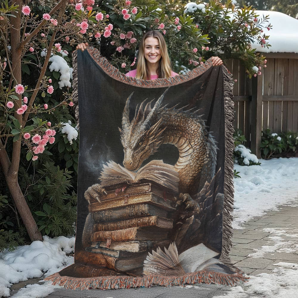 Guardian Book Dragon Woven Blanket – A Cozy Tribute to the Love of Stories-Offbeat Opulence