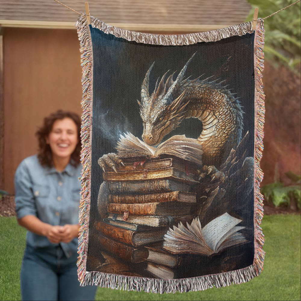 Guardian Book Dragon Woven Blanket – A Cozy Tribute to the Love of Stories-Offbeat Opulence