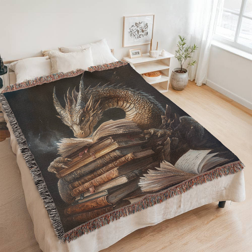 Guardian Book Dragon Woven Blanket – A Cozy Tribute to the Love of Stories - Offbeat Opulence