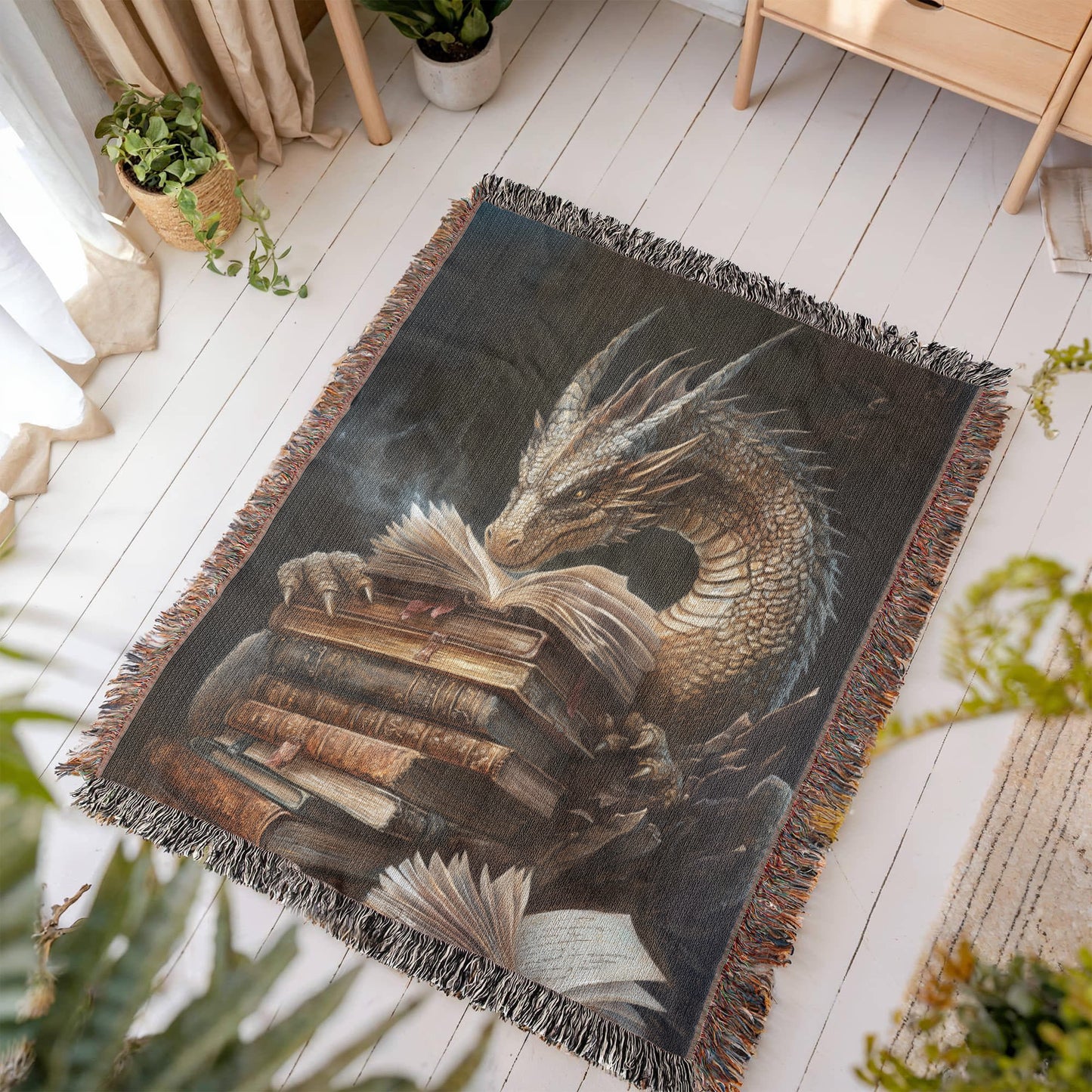 Guardian Book Dragon Woven Blanket – A Cozy Tribute to the Love of Stories - Offbeat Opulence