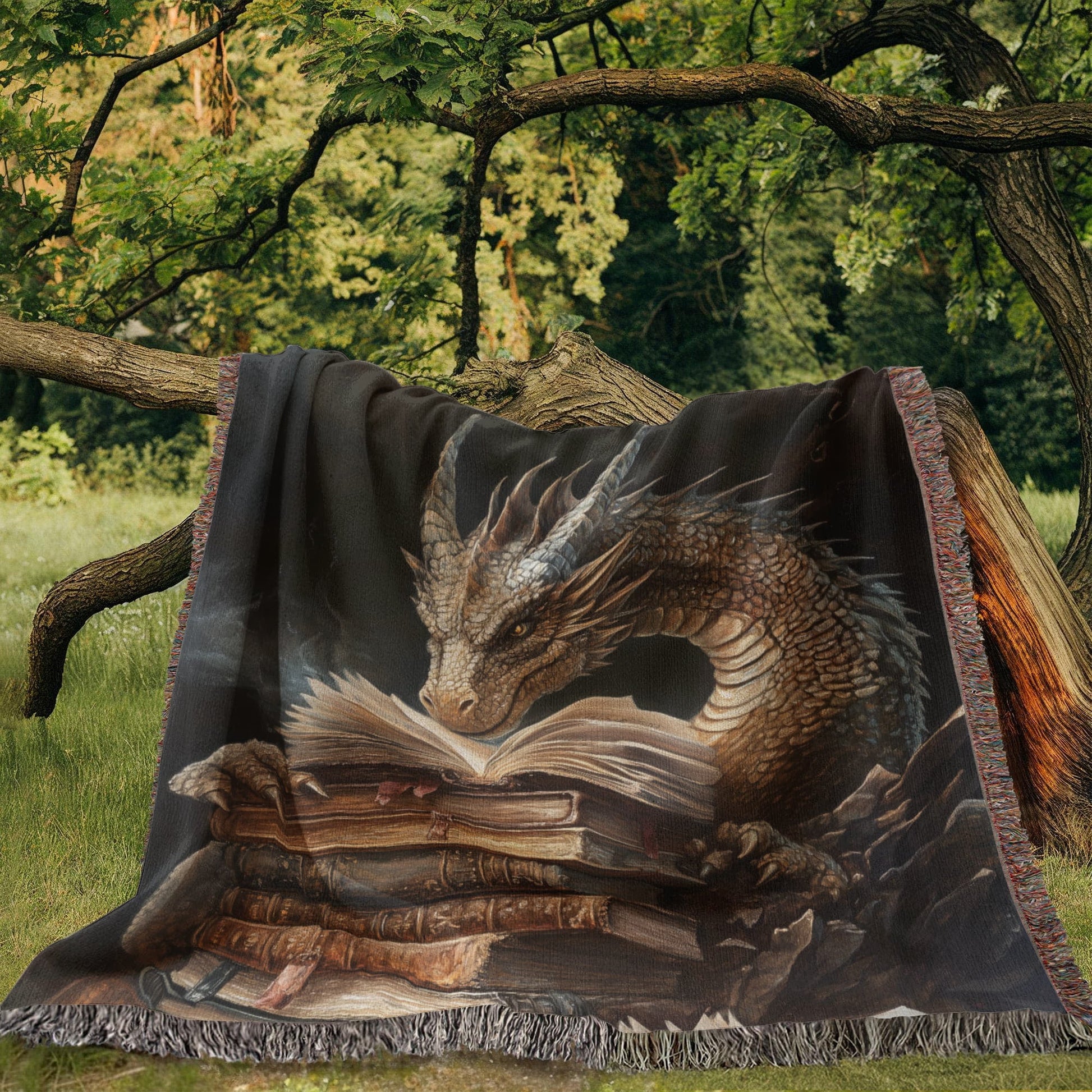 Guardian Book Dragon Woven Blanket – A Cozy Tribute to the Love of Stories - Offbeat Opulence