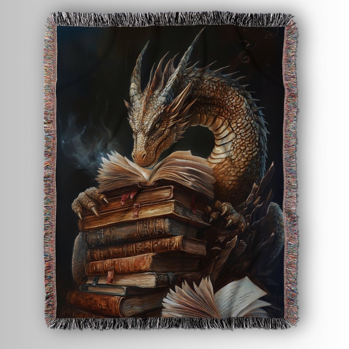 Guardian Book Dragon Woven Blanket – A Cozy Tribute to the Love of Stories - Offbeat Opulence