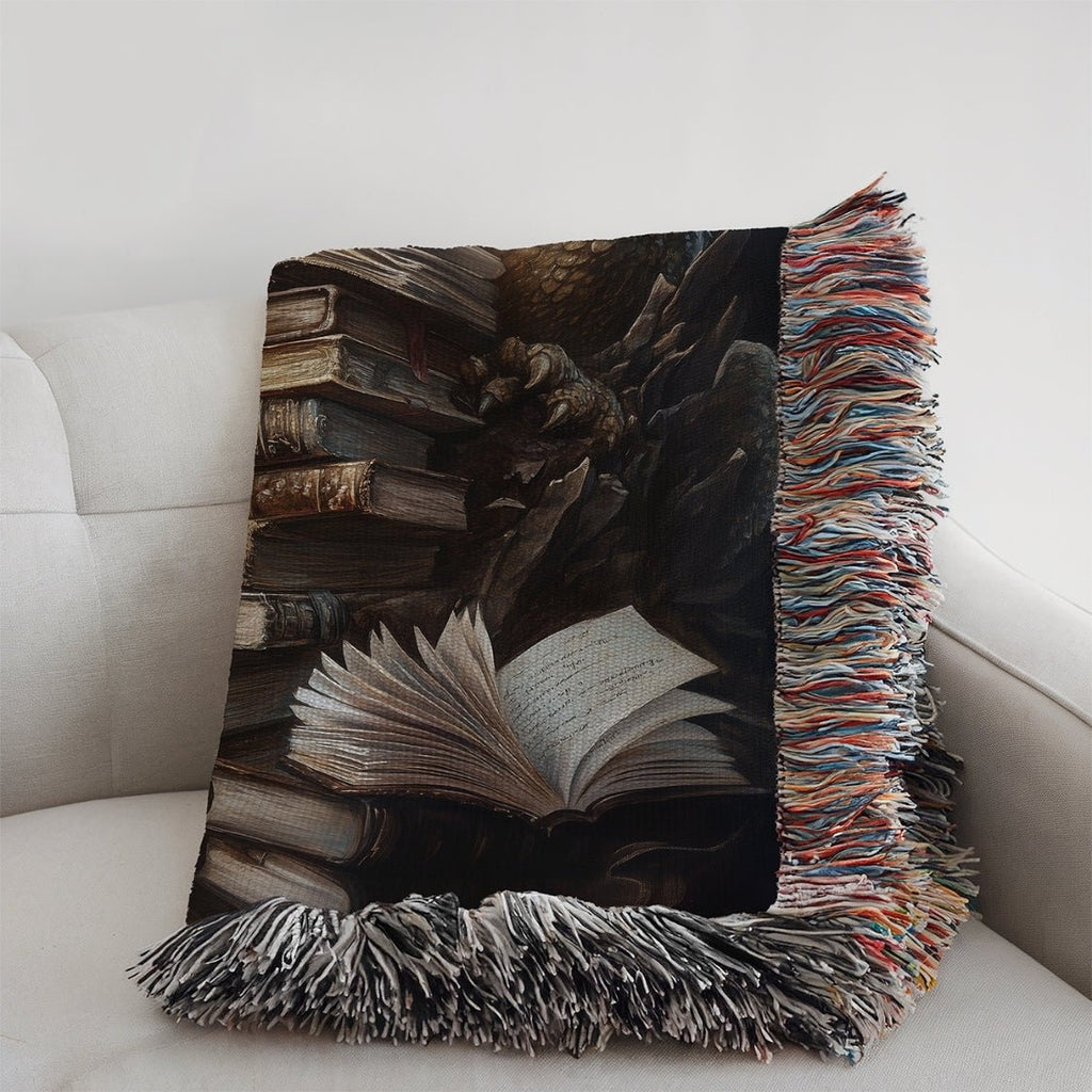 Guardian Book Dragon Woven Blanket – A Cozy Tribute to the Love of Stories-Offbeat Opulence