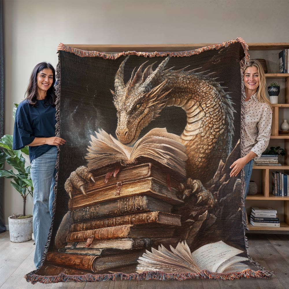 Guardian Book Dragon Woven Blanket – A Cozy Tribute to the Love of Stories - Offbeat Opulence