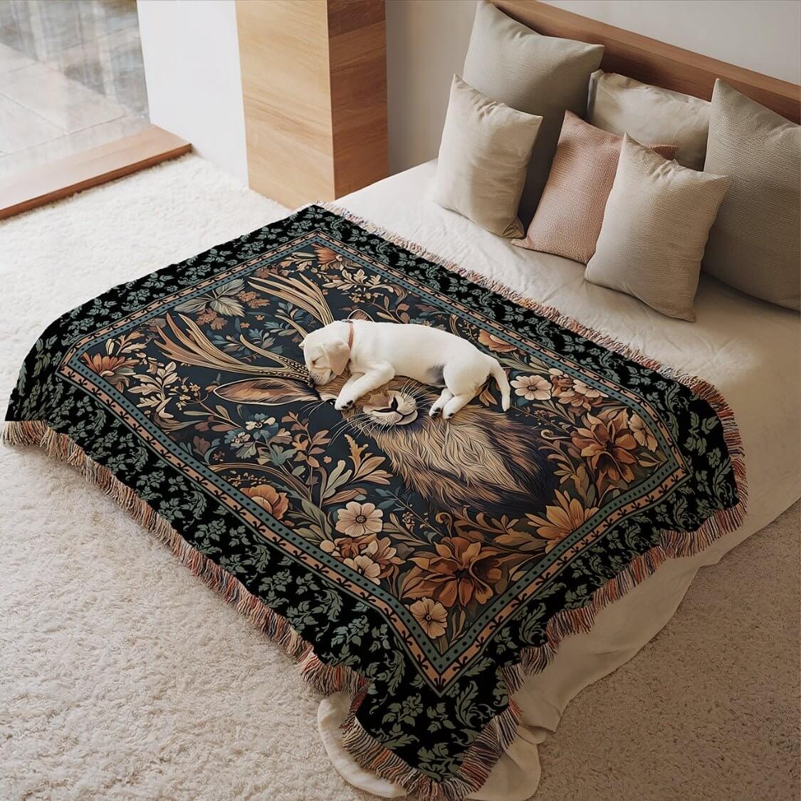 Jackalope Legend Woven Tapestry Blanket – A Mythical Masterpiece-Offbeat Opulence