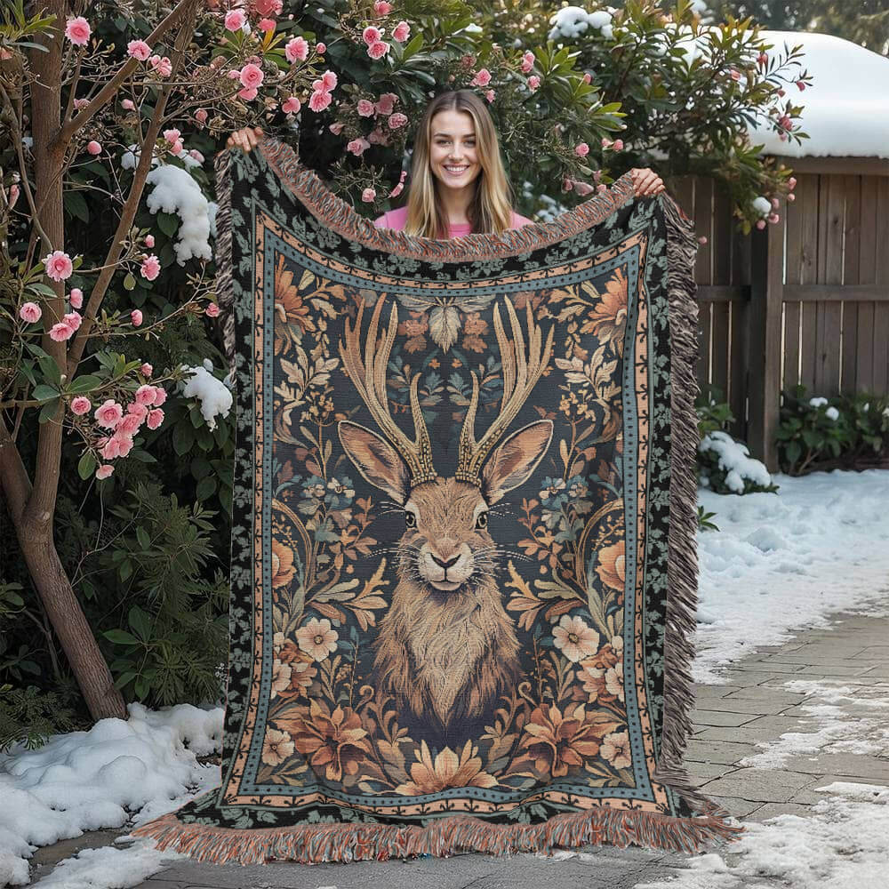 Jackalope Legend Woven Tapestry Blanket – A Mythical Masterpiece-Offbeat Opulence