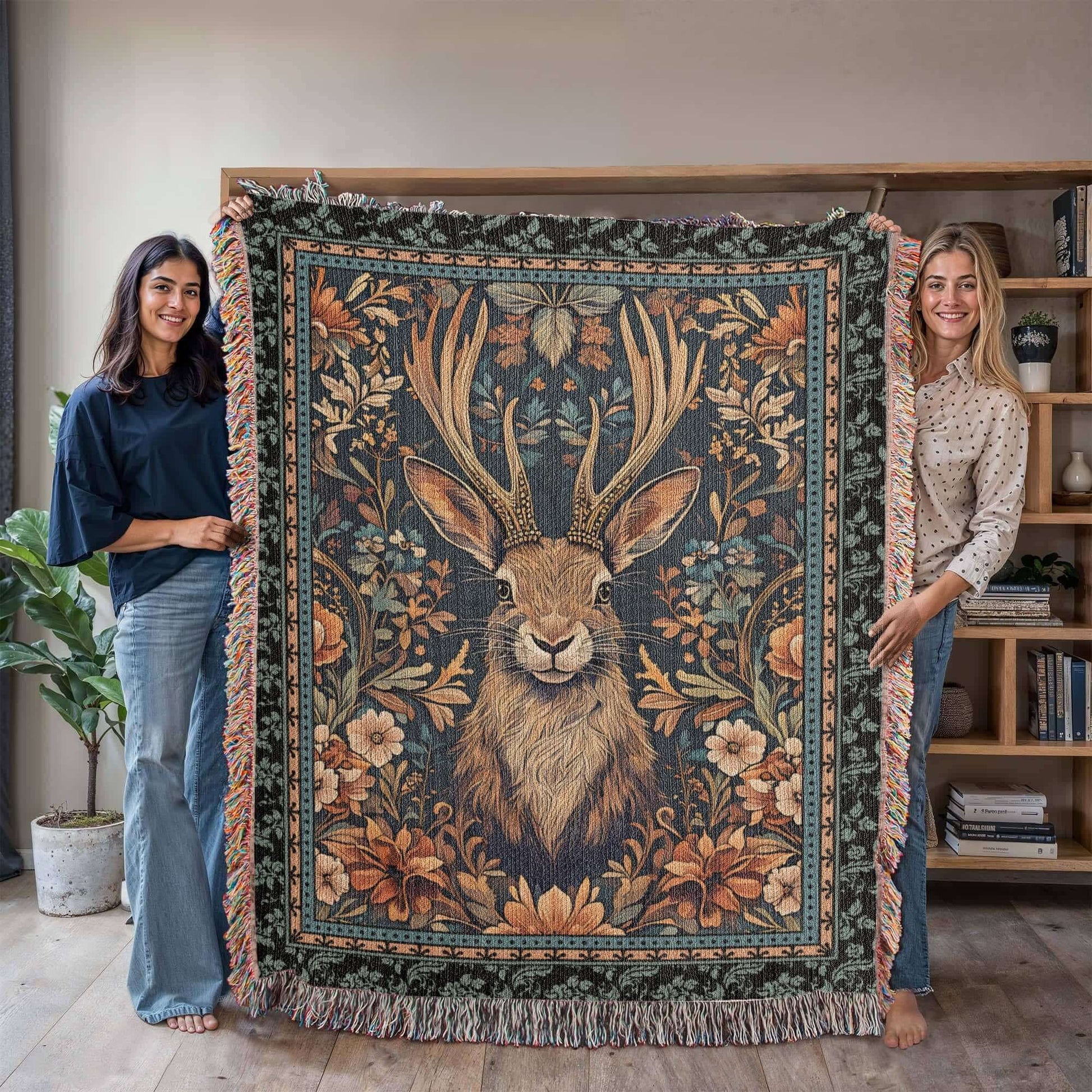 Jackalope Legend Woven Tapestry Blanket – A Mythical Masterpiece-Offbeat Opulence