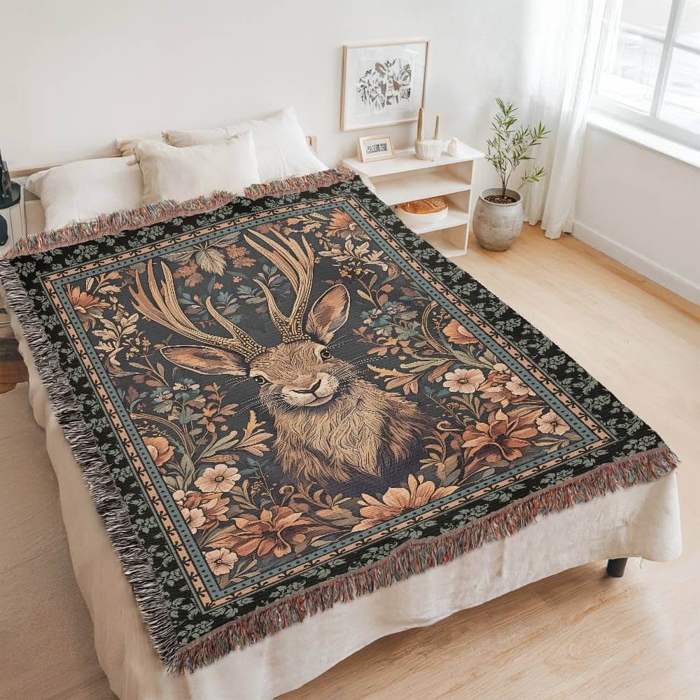 Jackalope Legend Woven Tapestry Blanket – A Mythical Masterpiece-Offbeat Opulence