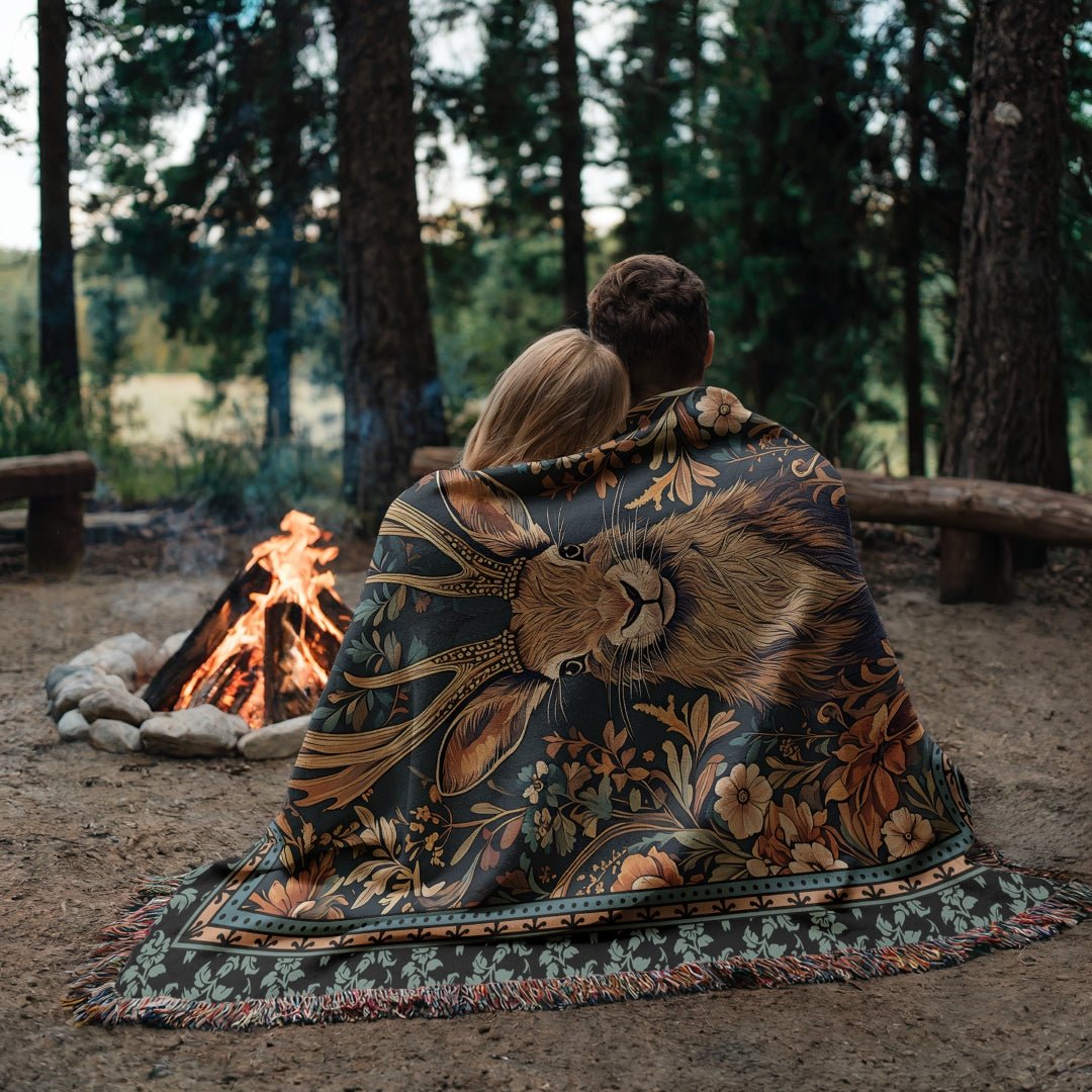 Jackalope Legend Woven Tapestry Blanket – A Mythical Masterpiece-Offbeat Opulence