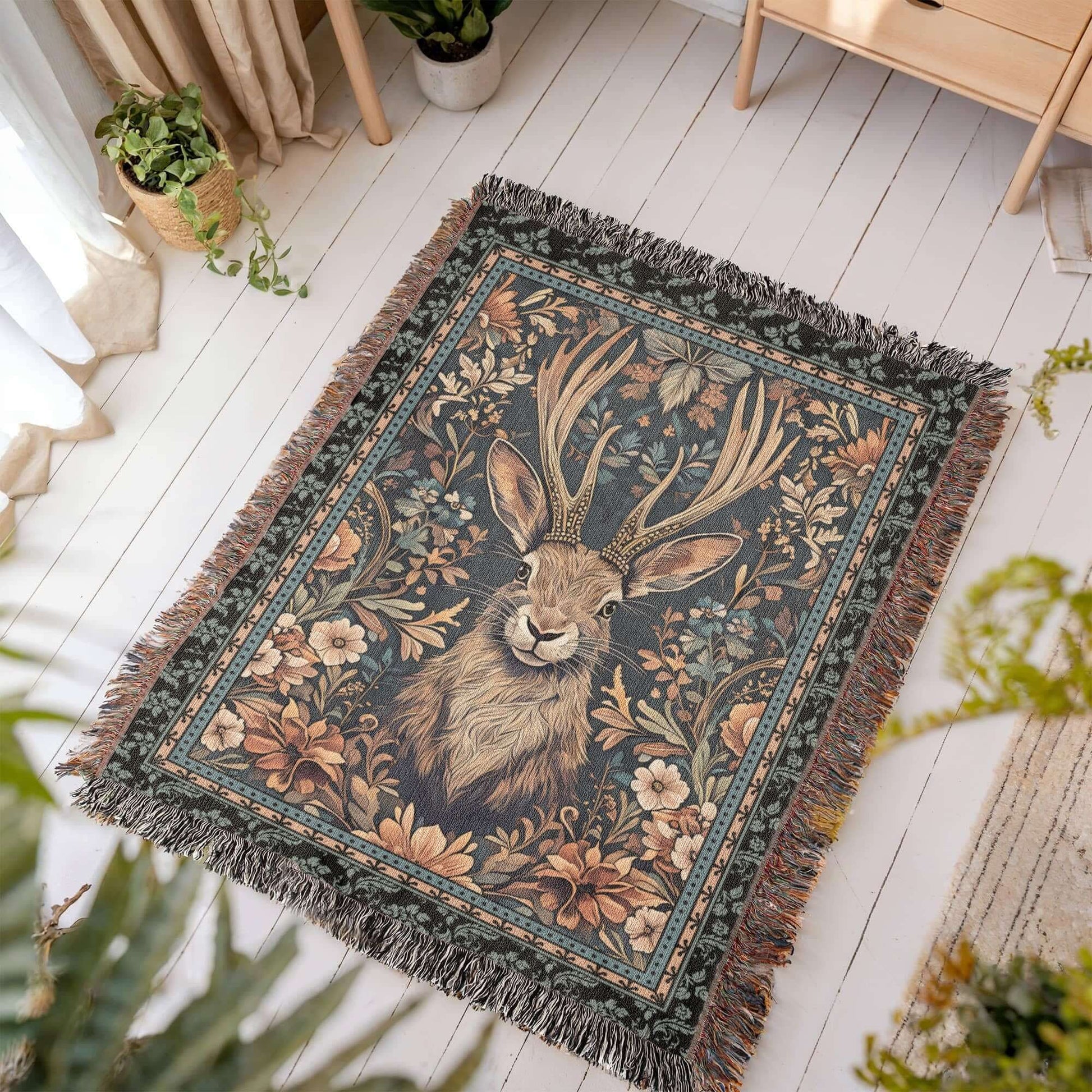 Jackalope Legend Woven Tapestry Blanket – A Mythical Masterpiece-Offbeat Opulence