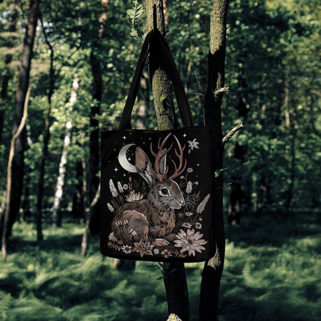 Moonlit Jackalope Woven Tote – A Mystical Blend of Folklore and Functionality - Offbeat Opulence