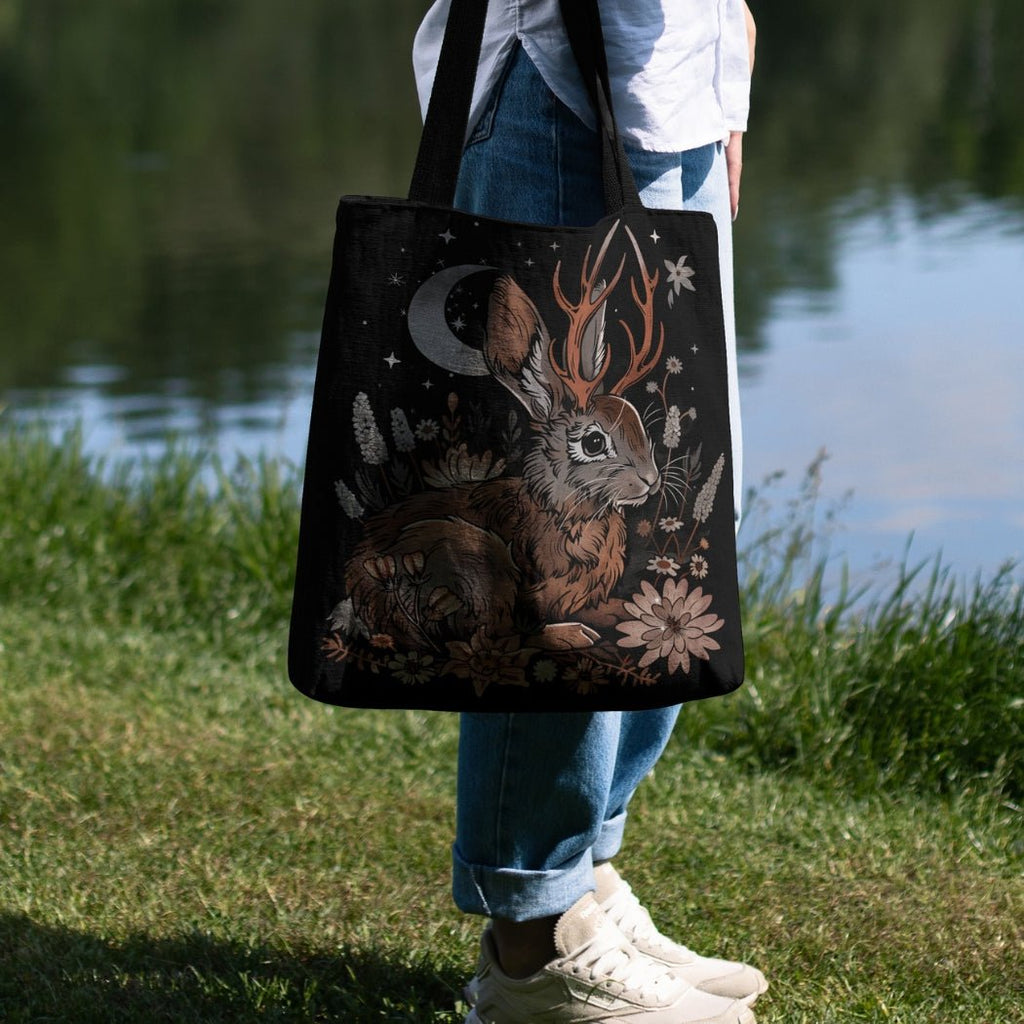 Moonlit Jackalope Woven Tote – A Mystical Blend of Folklore and Functionality-Offbeat Opulence