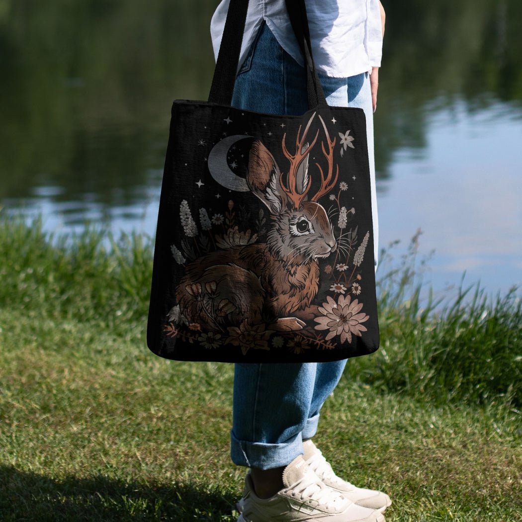 Moonlit Jackalope Woven Tote – A Mystical Blend of Folklore and Functionality - Offbeat Opulence