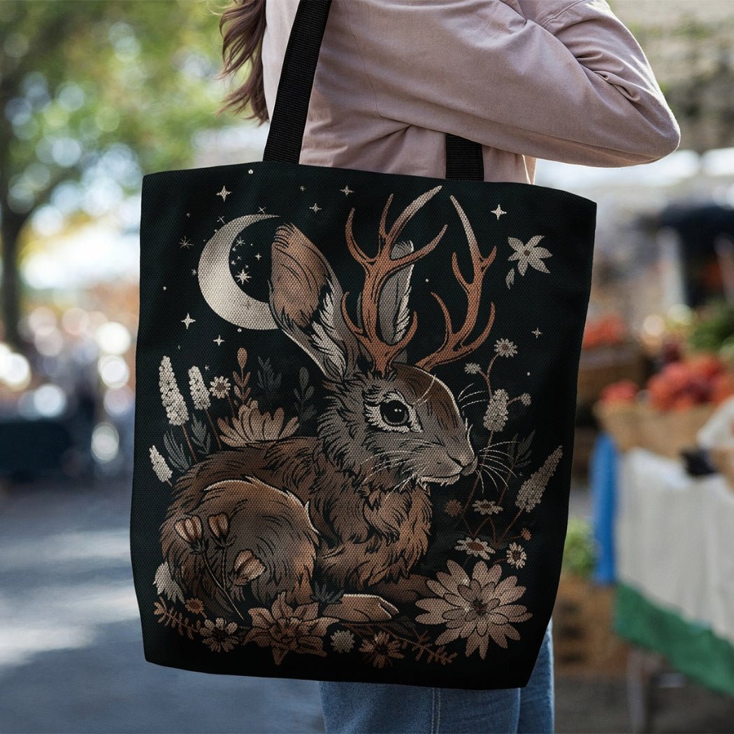 Moonlit Jackalope Woven Tote – A Mystical Blend of Folklore and Functionality - Offbeat Opulence