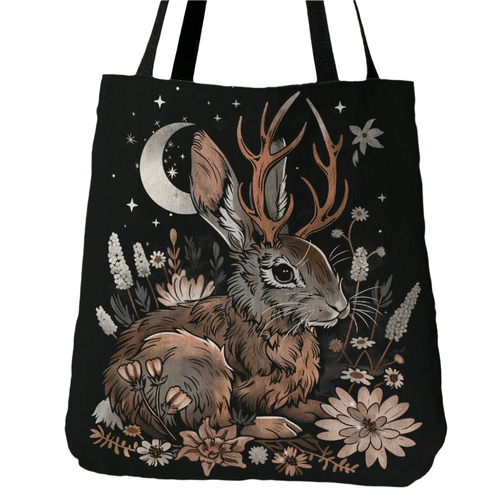 Moonlit Jackalope Woven Tote – A Mystical Blend of Folklore and Functionality-Offbeat Opulence