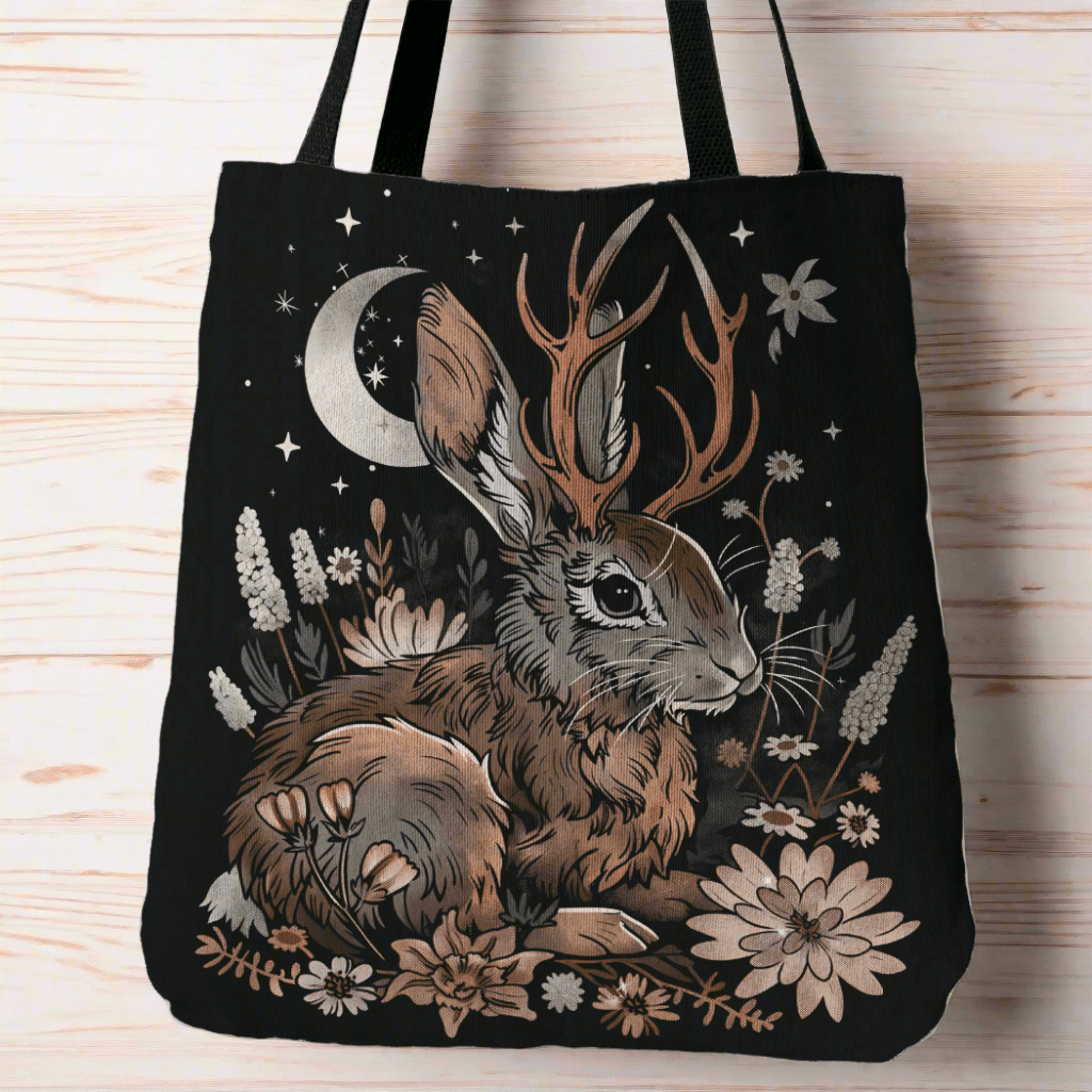 Moonlit Jackalope Woven Tote – A Mystical Blend of Folklore and Functionality - Offbeat Opulence