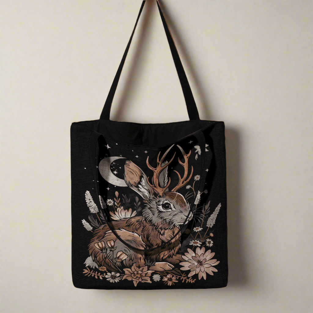 Moonlit Jackalope Woven Tote – A Mystical Blend of Folklore and Functionality - Offbeat Opulence