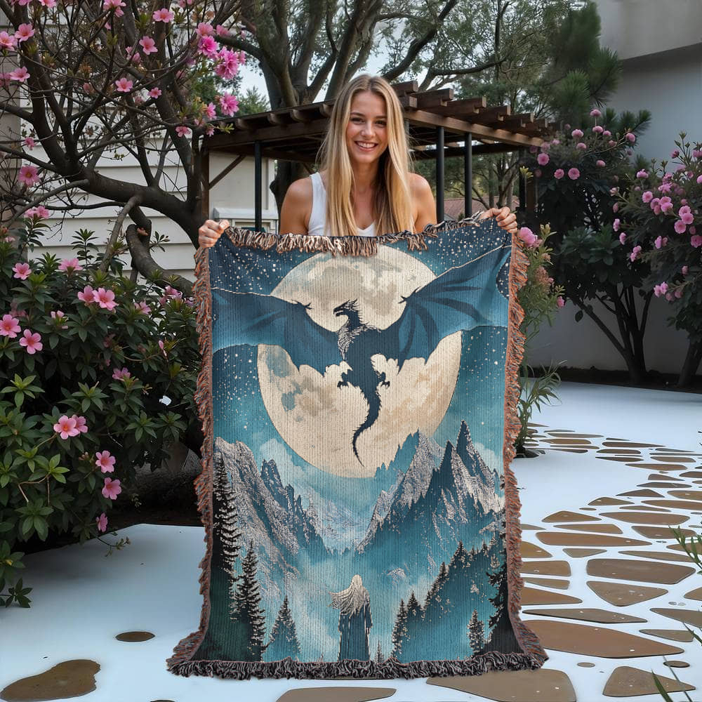 Moonlit Wyvern Woven Blanket – A Fantasy Reader Keepsake - Offbeat Opulence