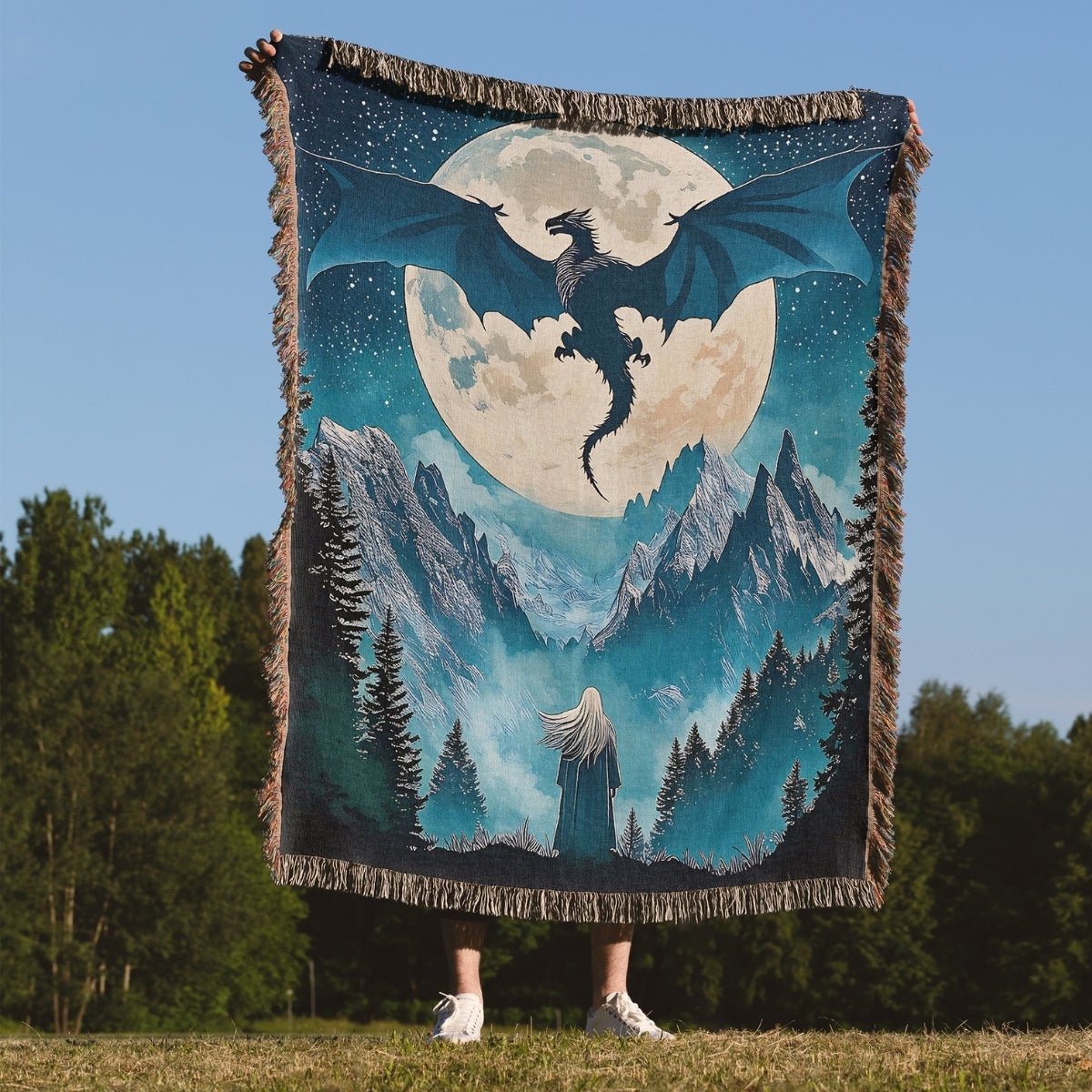 Moonlit Wyvern Woven Blanket – A Fantasy Reader Keepsake - Offbeat Opulence