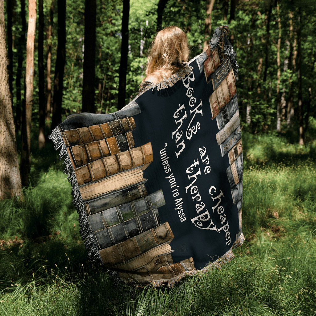 Personalized "Books Are Cheaper Than Therapy" Woven Blanket on a girl's shoulders – Gift for Introverted Readers