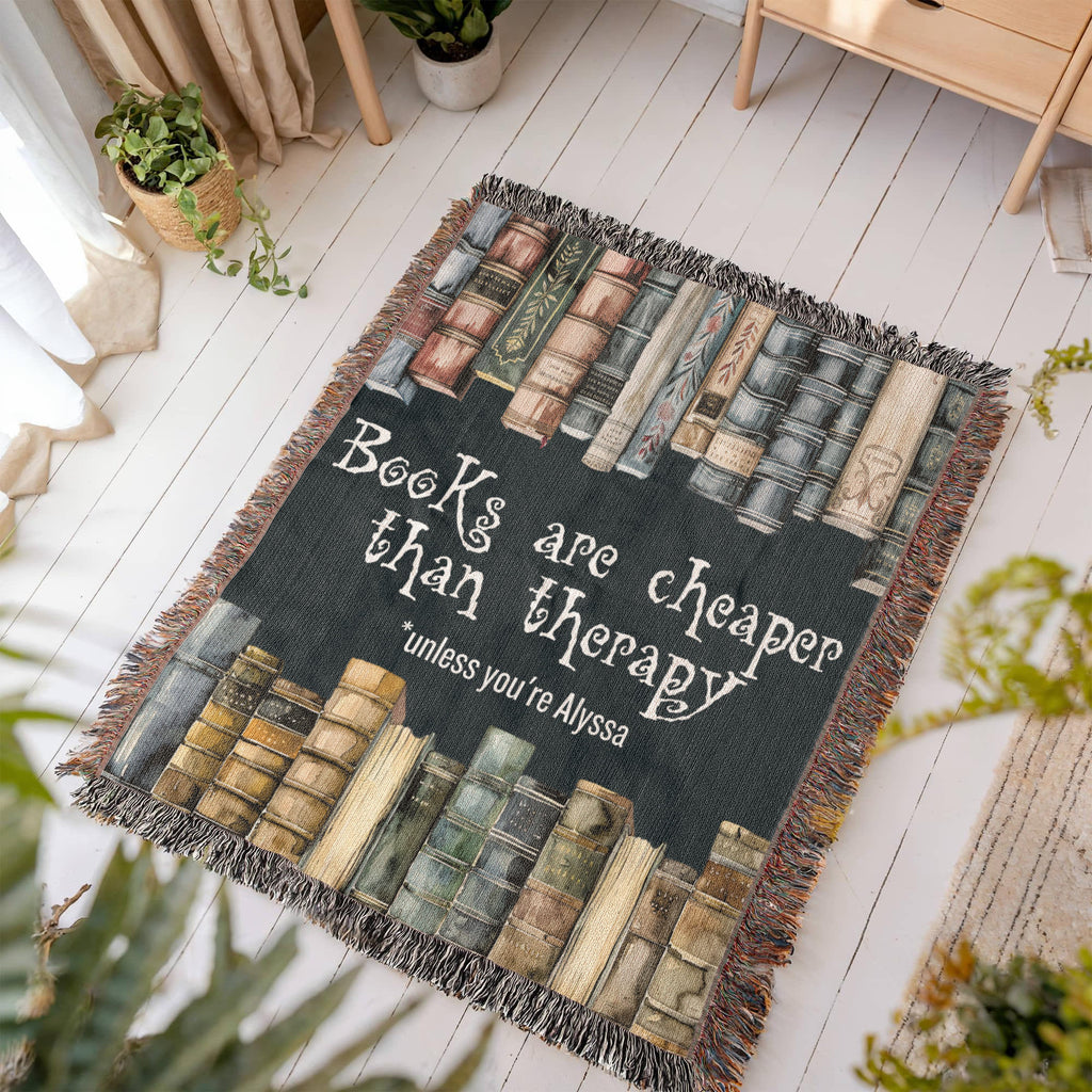 Personalized "Books Are Cheaper Than Therapy" Woven Blanket laid out on floor – Gift for Readers - Offbeat Opulence