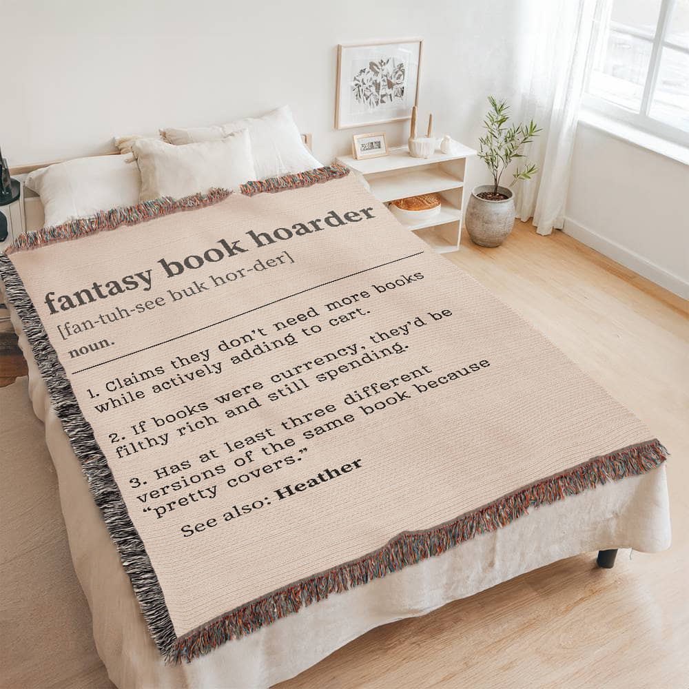 Personalized Fantasy Book Hoarder Woven Blanket – A Cozy Tribute to Book Addiction - Offbeat Opulence