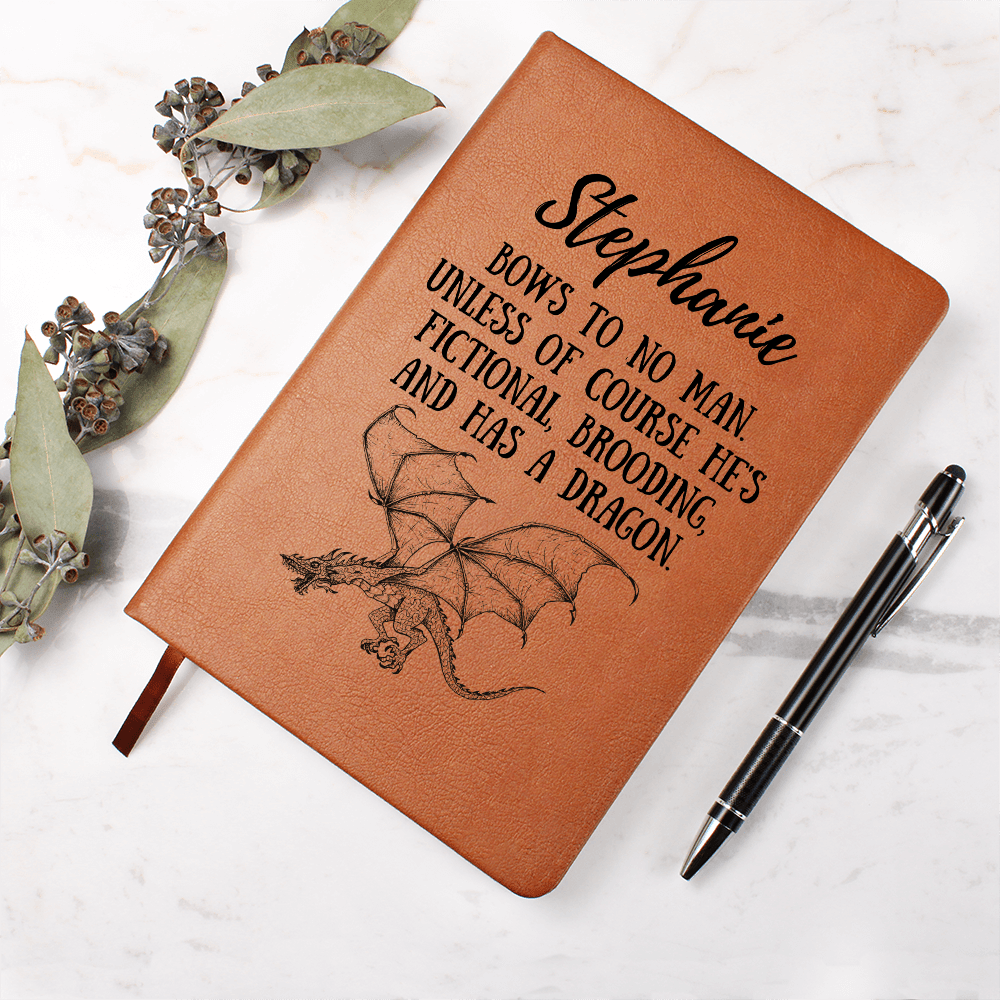 Personalized "Fictional, Brooding & Has a Dragon" Journal – Vegan Leather Notebook - Offbeat Opulence