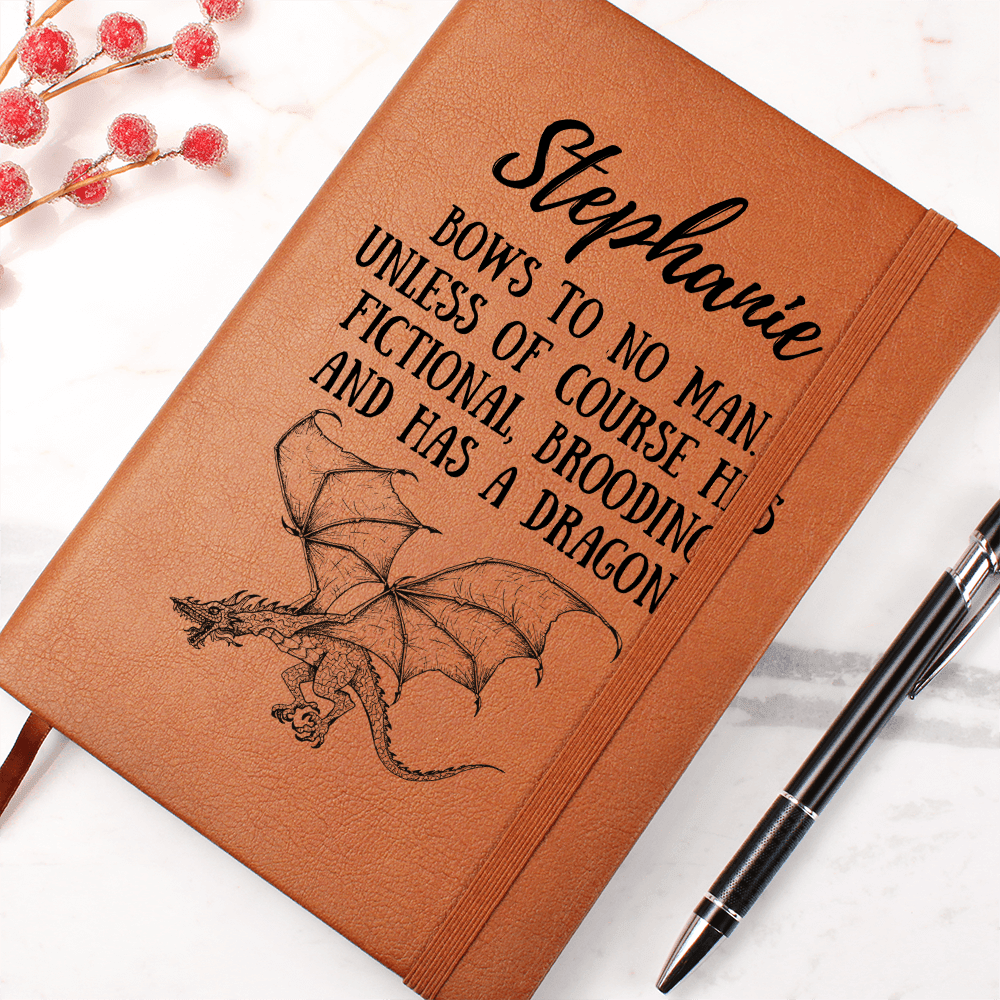 Personalized "Fictional, Brooding & Has a Dragon" Journal – Vegan Leather Notebook - Offbeat Opulence