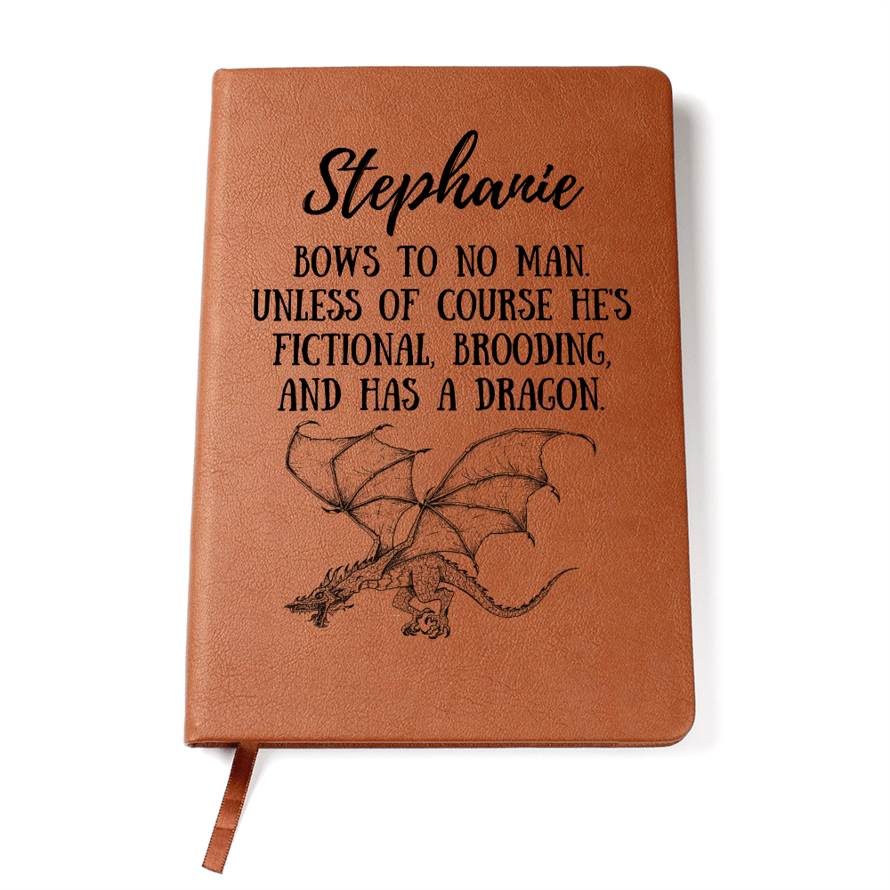 Personalized "Fictional, Brooding & Has a Dragon" Journal – Vegan Leather Notebook - Offbeat Opulence