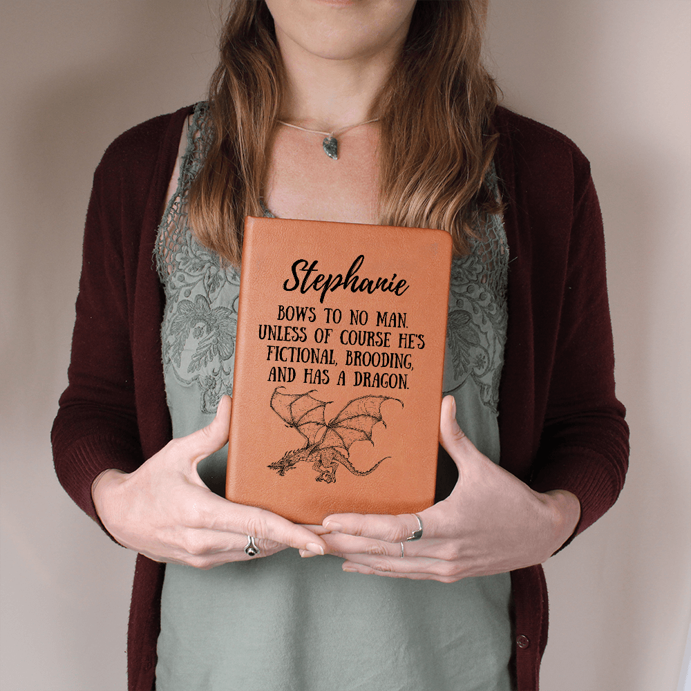 Personalized "Fictional, Brooding & Has a Dragon" Journal – Vegan Leather Notebook - Offbeat Opulence